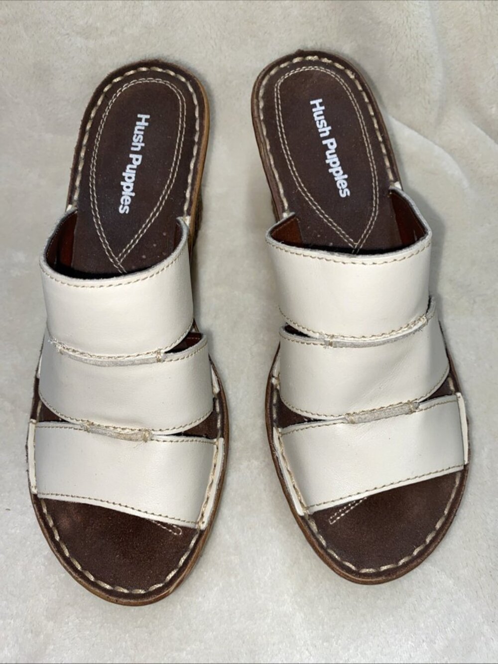 Hush Puppies Shoes Sandal Ivory Wedge Heel Espadrille-like Leather Sz 6M #yeb